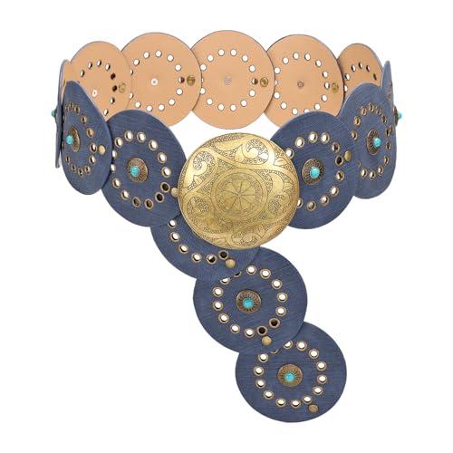 Image of XZQTIVE Western PU Leather Belts for Woman Concho Cowgirl Cowboy Disc Belt for Ladies Wide Boho Country Waist Belts for Dress