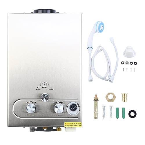 Euroeshop 8L LPG 0.015 Gas Tankless Istantaneo Acqua Calda Scaldabagno Boiler Spazzolato con Soffione Doccia Bagno Casa