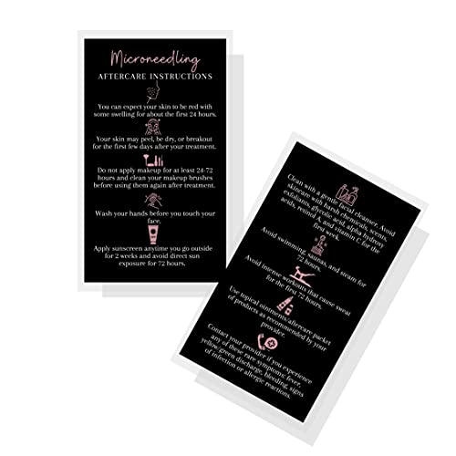 Boutique Marketing LLC Microneedling Aftercare Instructions Cards | 50 Pack | Size 2x3.5 inches Business Card Size | Microneedle Black with Rosey Pink Design, black, white, pink
