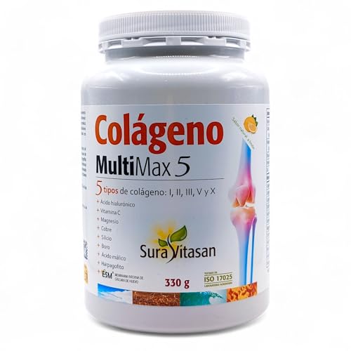 Sura Vitasan Colágeno MultiMax 5 en Polvo 330g - Fórmula con 5 Tipos de Colágeno, Ácido Hialurónico, Vitaminas y Minerales - Para Huesos, Tendones, Cartílagos y Piel