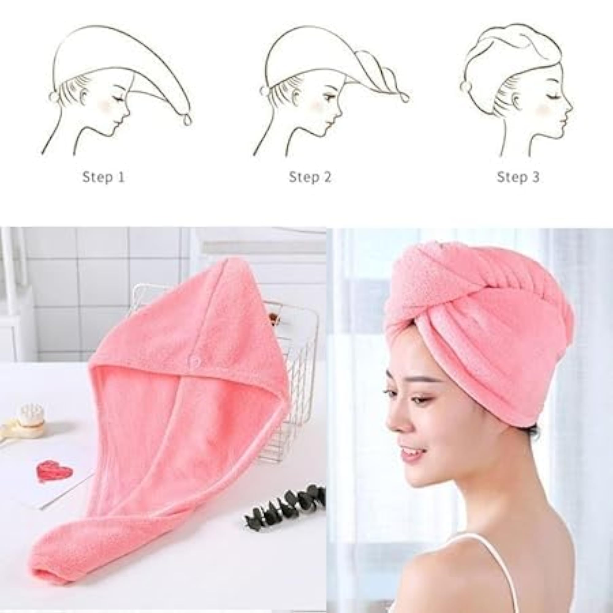 Pack of 3 Quick-Drying Microfiber Hair Towel Wrap Caps, Multicolor