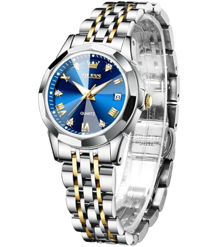 OLEVS Montre Femme Diamant Montre avec Petit Visage Or Argent Bracelet en Acier Inoxydable Étanche Date Montre, Bleu/doré