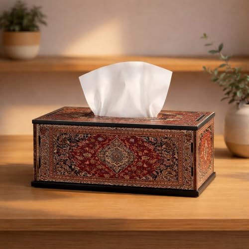 Image of Tissue Box Holder for Home Heritage Red Persian Carpet Printed Tissue Box Holder Decorative Wooden Tissue Box Cover for Table, Living Room & Office 6.5x5x3 Inch