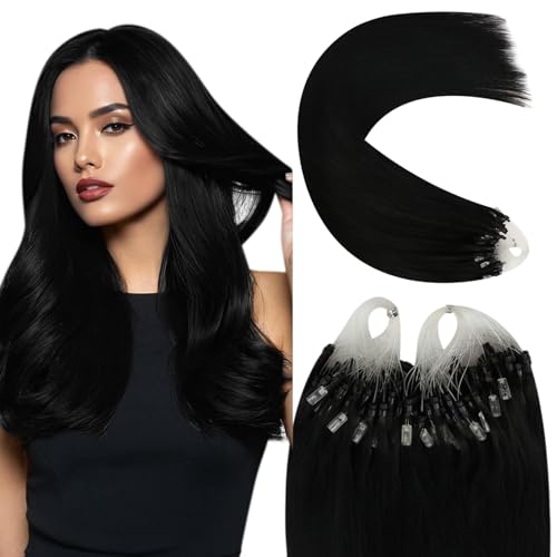Image of YoungSee Micro Bead Hair Extensions Real Human Hair Black Microlink Hair Extensions Human Hair Jet Black Microbead Hair Extension 16 Inch 50s /57g Micro Ring Hair Extension for Wedding