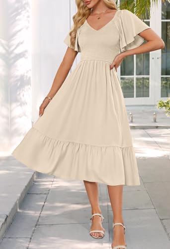 MEROKEETY Women's Summer Casual V Neck Ruffle Sleeve Smocked High Waist Midi Dress with Pockets2