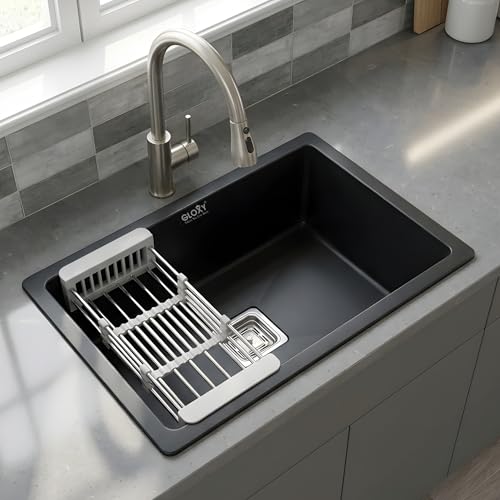 Image of Gloxy Granite Quartz Kitchen Sink 21x18x9 Inch - Grey Matte FInish Quartz Premium Single Bowl Sink For Kitchen With Coupling Hose Pipe and Drainer Basket - Undermount /Topmount - 3 Years Warranty