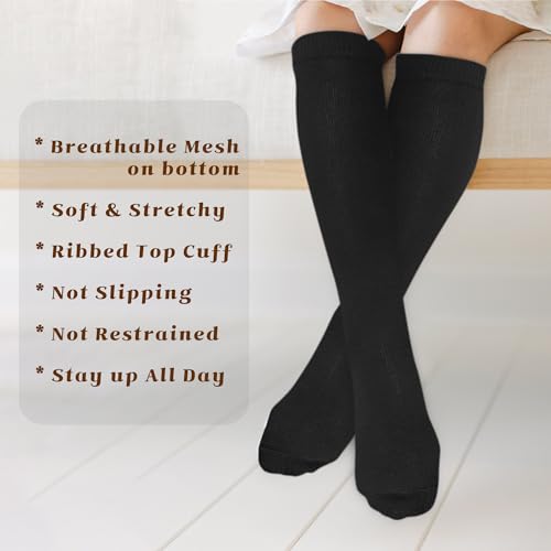 KONY 3 Pairs Girls Knee High Socks, Soft Cotton School Uniform Long Socks, 4-12 Years, Black, White, Navy Blue3