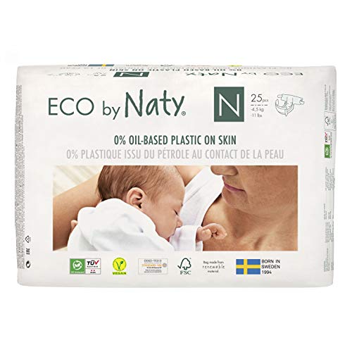 Eco by Naty, Size Newborn, 100 Nappies, -4.5kg, ONE MONTH supply, Plant-Based premium ecological nappy with 0% oil plastic on skin.
