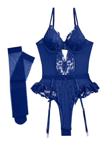 Image of Lilosy Sexy Stocking Lace Mesh Bodysuit Top Underwire Garter Lingerie Set 3 Piece