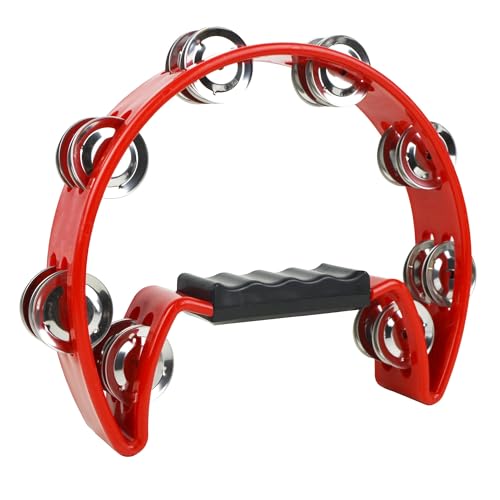 A-Star Half Moon Tambourine Double Jingle Bell Cutaway with Ergonomic Grip Handle - Singers Bands Musicians Music Classes - Red