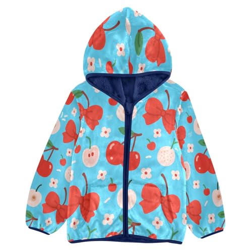 Cherry Bow Flower Pattern Print Toddler Fleece Jacket Girl Boys Hooded Fleece Jacket Coat Warm Outwear Zip-up 3-10T