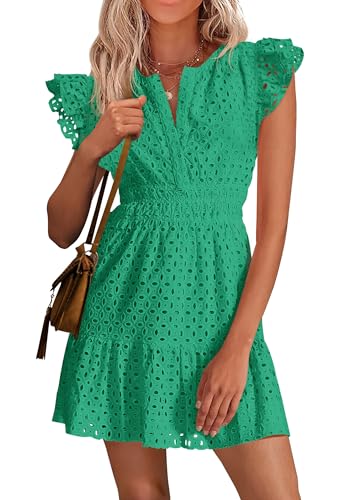 PRETTYGARDEN Women's 2026 Summer Sundresses Eyelet Cap Sleeve V Neck Short Boho Wedding Guest Dress Beach Vacation Clothes (Green,Large)