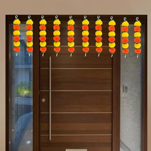 Image of iHandikart Artificial Marigold & Leaf Hanging Garland 14 Inch Mini Garland Pack of 10 Festive Door & Mandir Decoration for Diwali, Navratri, Ganesh Chaturthi(32601-10).