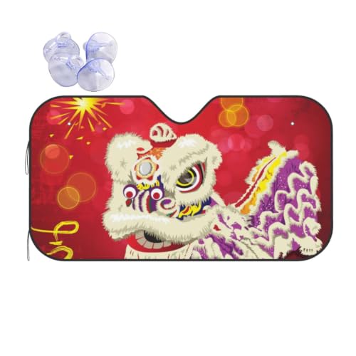 Chinese New Year Lion Dance Greeting. Sparkling Firecrackers Car Windshield Sunshade - with Aluminum Foil Protective Heat Shield, Foldable Sunshade51×27.5"