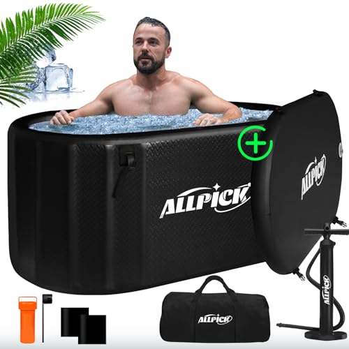 ALLPICK Cubo de Baño de Hielo Con Cubierta - XL Plegable (150 cm) Para Atletas, Compatible Con Enfriador de Agua, Barril Para Crioterapia, Interior y Exterior, 370