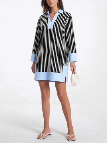 Image of Kedera Women's Summer Striped Dress Long Sleeve V Neck Collared Shirt Mini Dresses 2025 Trendy with Side Slit