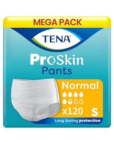 Image of TENA Normal Unisex Adult Diaper Pants Style, Small Size (S) | 15 Units x 8 | 120 Units | Waist 65-85cms | 26-34 inch | 3X Protection | World's Leading Incontinence Brand | For Heavy Urine Leaks