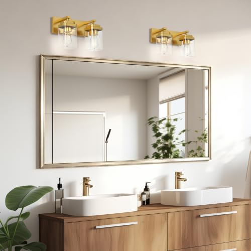 Image of Brushed Gold Bathroom Light Fixtures, 2 Lights Bathroom Lighting Fixtures Over Mirror, Square Design & Rectangle Large Backplate, Modern Vanity Lighting Fixtures, for Living Room /Bedroom