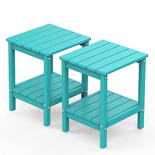 GREENVINES Adirondack-Outdoor-Side-Table | Set of 2 | 14 x 13 Inches | HDPE Plastic | All Weather | Aqua | Outside End Tables | Storage Shelf | for Pa