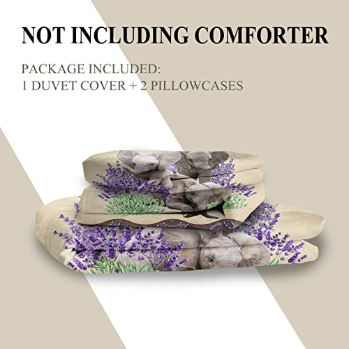 Milanket 3 Pcs Super Soft Lightweight Microfiber Animal Duvet Cover Queen Size, Purple Lavender And Elephant Animal Theme Duvet Cover Set For Kids Teen Boys Adults #TOP2