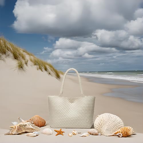 BOYATU Woven Tote Bag for Women: Vegan Leather Purse with 1 Zipper Clutch - Handwoven Tote for Travel Vacation Beach Weekend (Seashell Color) by BOYATU - Used condition - Image 9