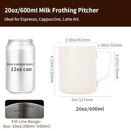 Image of watchget 20oz Milk Frothing Pitcher Stainless Steel Espresso Steaming Jug | Internal Scale, Milk Coffee Cappuccino Latte Art Barista Steam Pitchers,Barista Coffee Bar Accessories, 600ml, Creamy White
