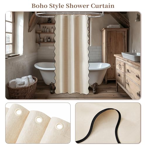 BTTN Boho Stall Shower Curtain, 36×72 Small Scalloped Linen Textured Heavy Duty Fabric Shower Curtain Set with 6 Hooks, Narrow Vintage Rustic Waterproof Cloth Shower Curtains for Bathroom, Beige/Cream by BTTN - Image 7