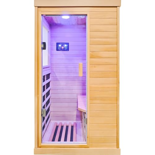 YJSPSSW Infrared Sauna Room Single Room – Premium Hemlock Wood Far-Infrared Sauna Cabin with Bluetooth Music, Ambient Lighting & Sole Control (120V, 1200W, 700×895×1565mm)