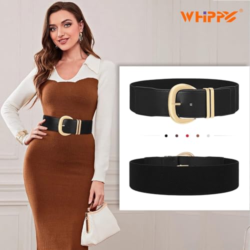 WHIPPY Women Wide Elastic Waist Belt for Dresses Fashion Gold Buckle Stretchy Leather Waistband for Ladies3