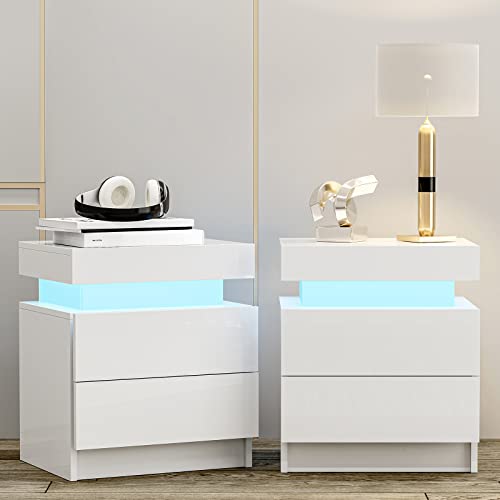 Ikifly Modern Led End Table Set Of 2, White High Glossy Nightstand With 2 Drawers And Storage Cabinet, Sidetable For Living Room Bedroom Furniture #TOP19