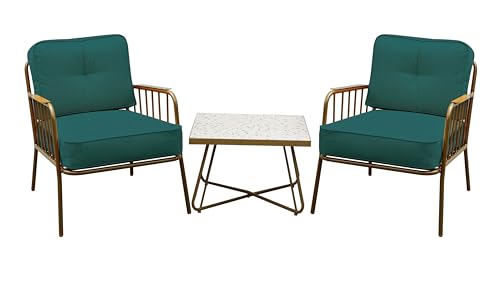 METRO Professional Set de terrasse Honey, 3 pièces, Acier/Polyester, 2 fauteuils, 1 Table, Or/Vert Olive, Ensemble lot Meuble Jardin, Table et chaises, Patio,...