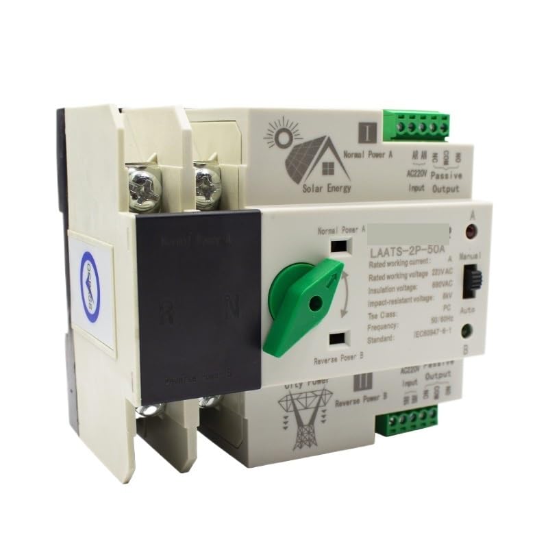 1PCS Din Rail Solar Type 50A 2P ATS Dual Power Transfer AC Switch for PV Inverter Discounnecting Switch