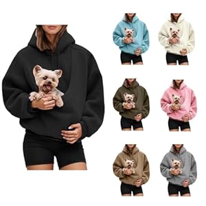 Generisch Hoody Damen mit Kapuze mit großer Tasche für Pet Weicher Freizeit Hundetasche Pouch Kapuzenjacke für Frauen Trendy Fleece Sweatshirt mit Haustier-Tasche 001 Schwarz L