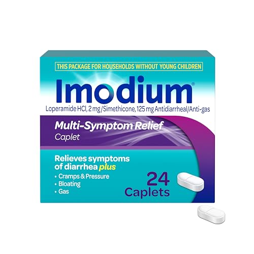 Imodium Multi-Symptom Anti-Diarrheal Caplets with 2mg Loperamide Hydrochloride and Simethicone for Fast Acting Relief of Diarrhea Gas Cramps Bloating in Travel Size Caplets 24 Ct