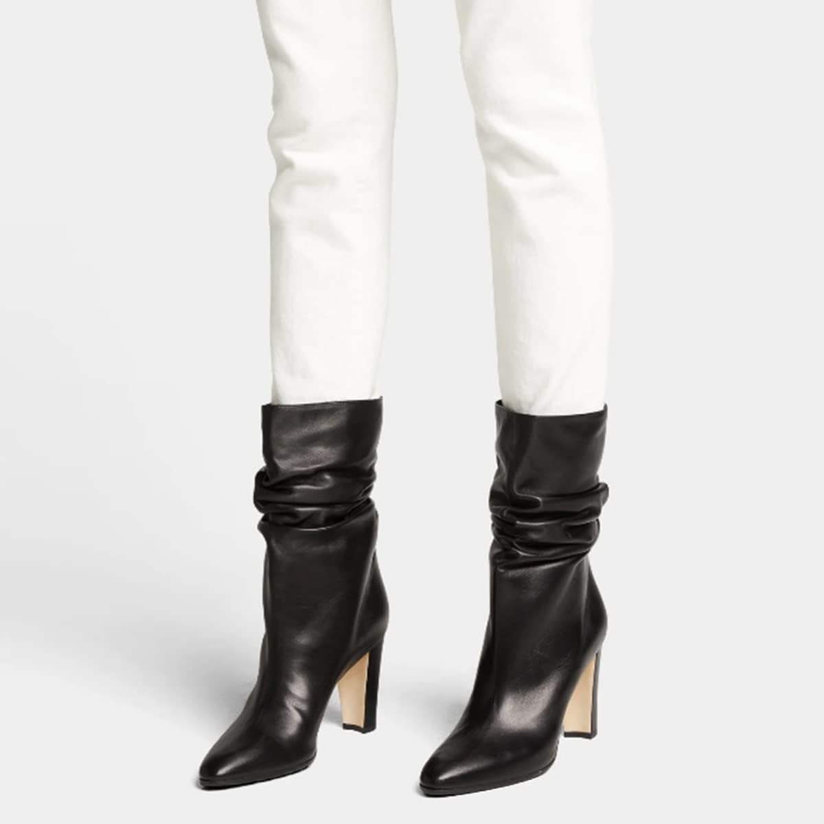FSJ Women Slouchy Mid Calf Boots Pointed Toe Chunky High Heel Classic Ankle Bootie Stretchy Leather Slip On Winter Wide Riding Boots Size 4-15 US