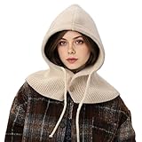 Balaclava Hat for Women, Warm Ear Neck Hooded Scarf Hat with Drawstring, Fashionable Knit Beanie Skull Cap in Cold Weather Outdoors, Beige