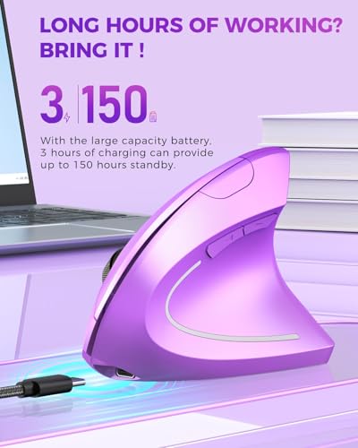 Lekvey Ergonomic Mouse, Wireless Vertical Mouse Rechargeable 2.4 GHz Optical Carpal Tunnel Mice : 800/1200 / 1600 DPI, 6 Buttons, for Laptop, PC, Computer, Desktop, Notebook etc, Purple