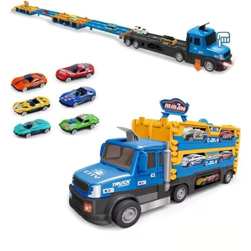 Image of Big Hauler Storage & Deform Truck Toy with 55 inch 2 Ejection Race Track & 6 Cars- Catapult Truck with LED Light & Music for Kids (Blue & Yellow)