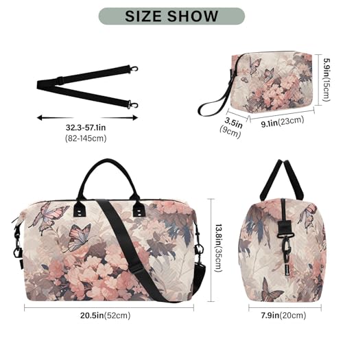 Large Travel Duffel Bag, Floral and Butterfly Sports Tote Gym Bag, Shoulder Weekender Overnight Bag for Women Men, Carry On Luggage with Toiletry Bags3