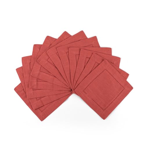 Image of Fingercraft Cotton Cocktail Napkins 6x6 Inches - Set of 12 Reusable Cloth Beverage Coasters with Elegant Ladder Hemstitch - Perfect for Parties, Bars & Home Use (Rust Slub)