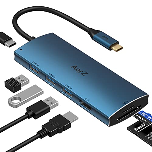 USB C Hub, USB Hub to HDMI Multiport AorZ USB C Dongle Adapter 7 in 1 with HDMI Output,3 USB 3.0 Ports,SD/Micro SD Ports,100W PD, Compatible with Macbook and More Type C Devices USB C HUB (Deep Blue)