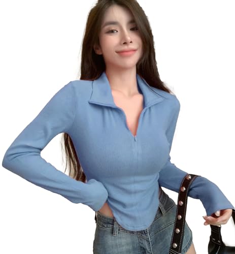 Image of Istyle Can Women's Top Solid Long Sleeve Ribbed Asymmetric Hem Casual T-Shirt with Zipper Collar. Full Sleeve, Rib Knit, Plain, Slim Fit