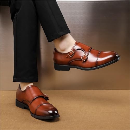 Men's Dress Oxford Formal Shoes Toe Double Monk Genuine Leather Prom Slip-on Plain Toe Business Anti-Slip Rubber Sole Slip Resistant Block Heel Shoe4