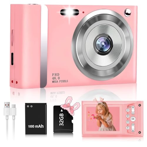 Hipzeepo Caméscope Numérique 1080p 48 MP, Écran 2,4 Pouces, Zoom 16x, Compact et Rechargeable, Multifonctions, Idéal pour Les Débutants en Photographie et Selfies, Rose