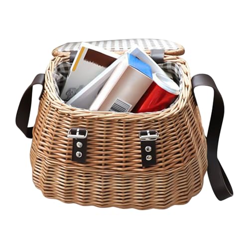 Canasta De Picnic con Tapa, Canasta De Campamento Tejida A Mano con Correa para El Hombro Y Tapa, Forro Lavable para Pascua, Organizador Multi Funcional Cesta para El Al Aire Libre, Gracias, Fiesta