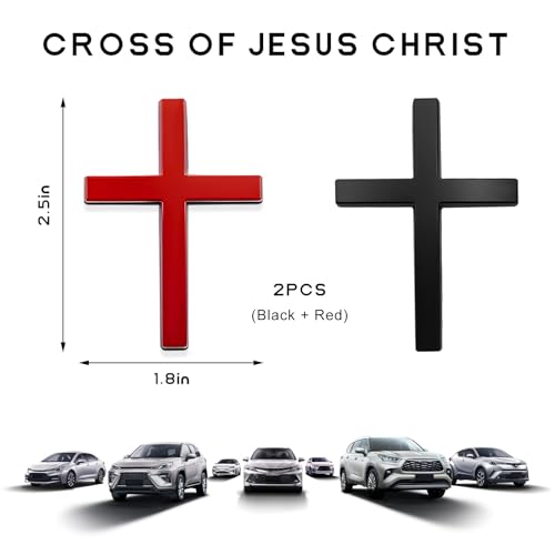 Image of 2 PCS Metal Christian Cross Emblem Stickers, 2.5 inchx1.8 inch Alloy 3D Car Cross Sticker Badge, Self-Adhesive Emblem Decal Decoration for Auto Trunk Tailgate Fenders, Car Exterior Decal (Black+Red)