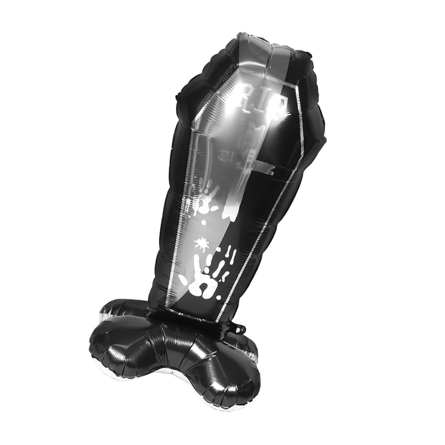Image of AMFIN (Pack of 1) Self Standing 44 Inch Halloween Coffin Balloon - RIP Inflatable Self-Standing Foil Balloon for Halloween Party Decorations, Haunted House & Spooky Graveyard Decor- Black