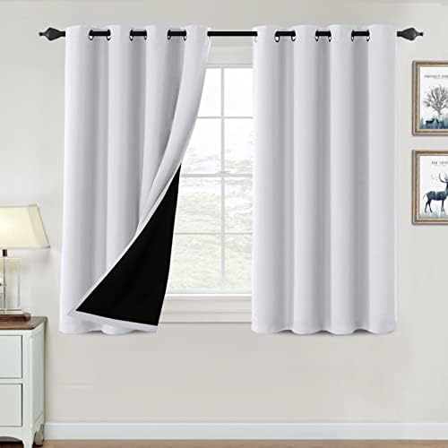 100% Blackout Curtains for Bedroom Thermal Insulated Blackout Curtains 45 inch Length Heat and Full Light Blocking Curtains Window Drapes for Living Room with Black Liner 2 Panels Set, Bleached White
