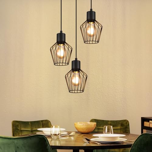 Lichtmaler Lampadario a Sospensione Vintage - Lampada Cucina da Soffitto Industriale - Lampadari Nero Rustico Ferro Battuto 3 Luci E27 per Soggiorno Cameretta Corridoio, Base Rotonda