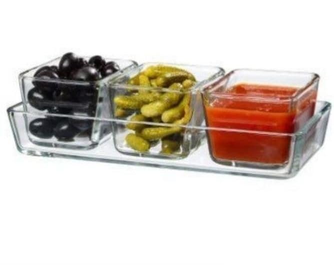 Mini ciotole per salse, 3 + 1 piccolo set di ciotole in vetro, salsa, marmellata, maionese ketchup, vassoio e ciotole, piatto per burro al miele per colazione, 70 ml (3 + 1 set) - immagine 3